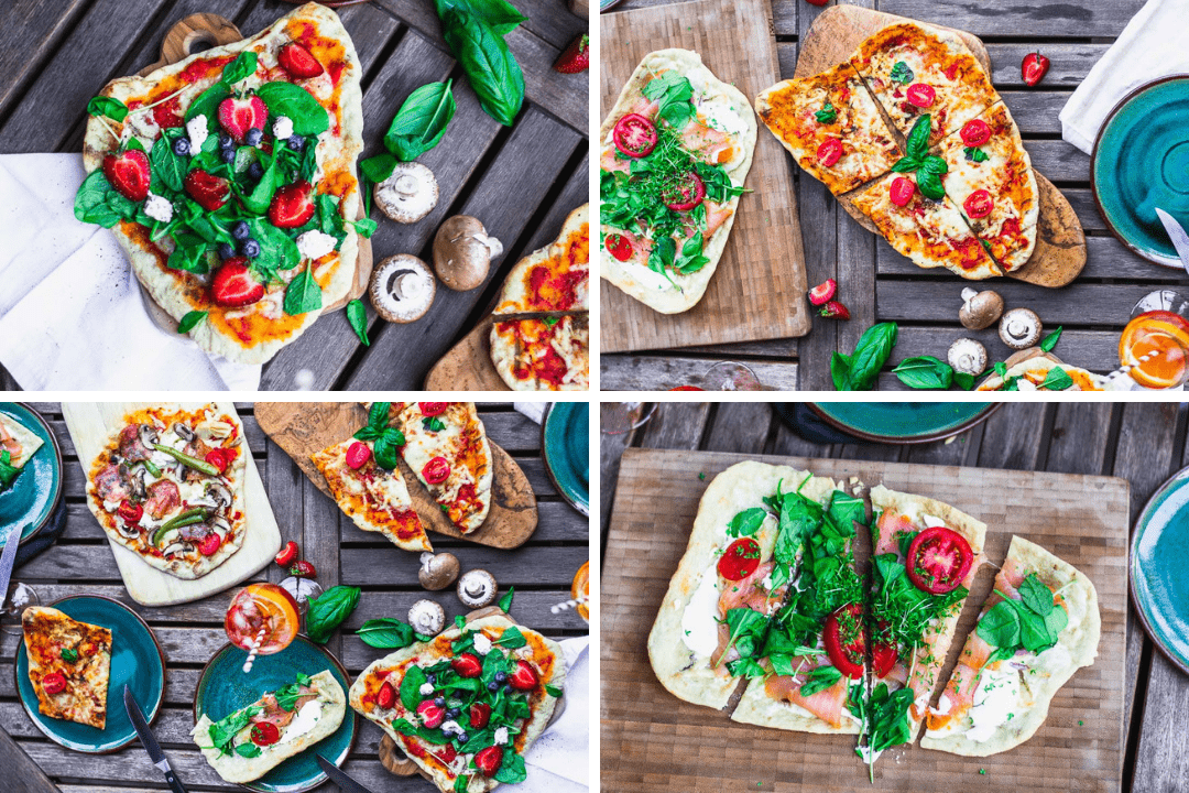 Vier verschiedene gegrillte Pizzen mit unterschiedlichen Belag