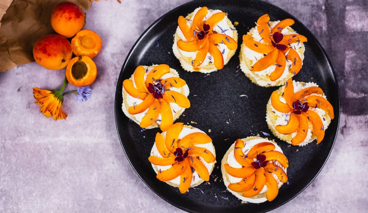 Viele kleine Aprikosenkuchen mit Aprikosenscheiben. Rund angeordnet auf einem runden Teller