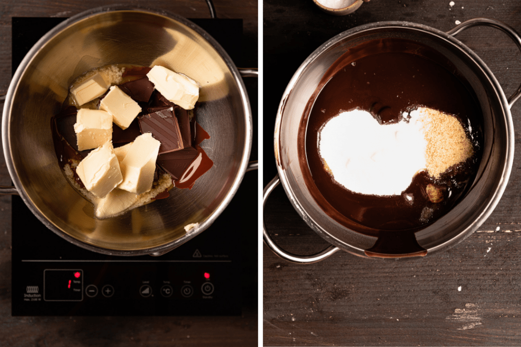 Schokolade und Butter werden zunächst geschmolzen, dann kommen weißer und brauner Zucker dazu. 