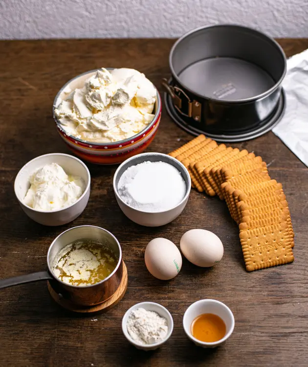 Alle Zutaten für das Käsekuchen rezept.