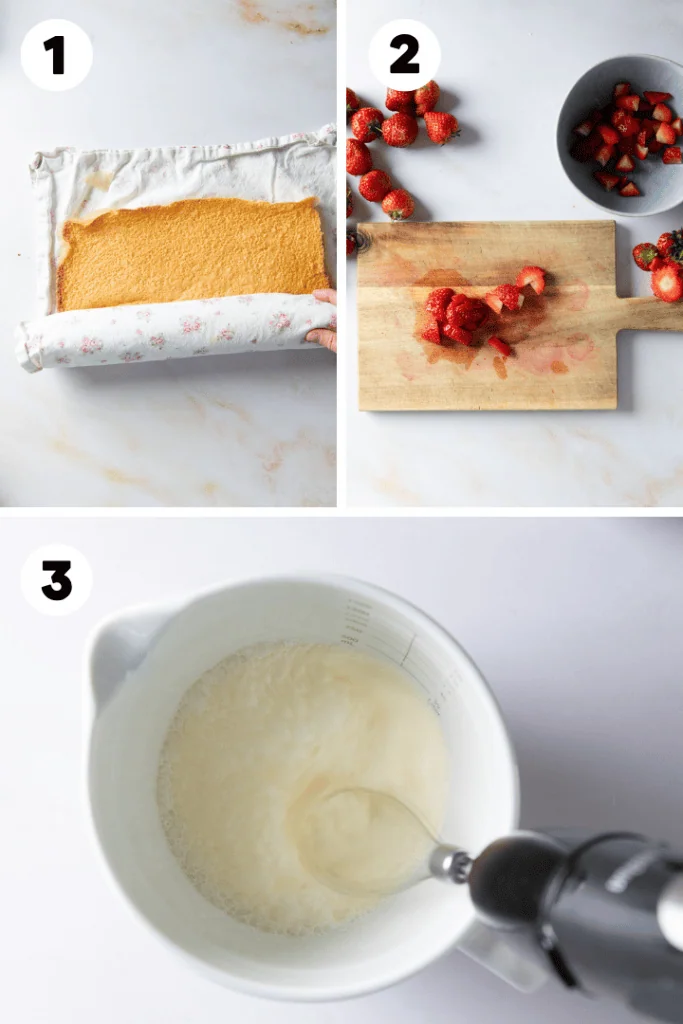 Die Erdbeeren werden halbiert und die Creme vorbereitet.
