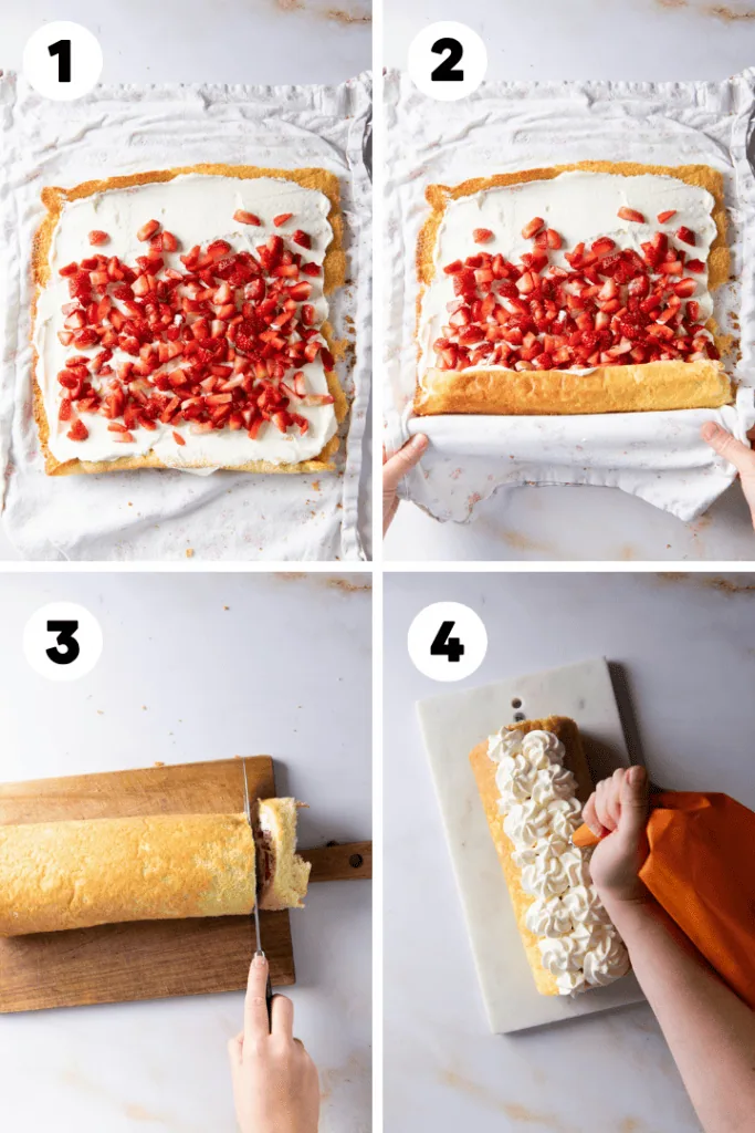 Der Biskuitboden wird mit Creme und Erdbeeren befüllt und zusammengerollt.