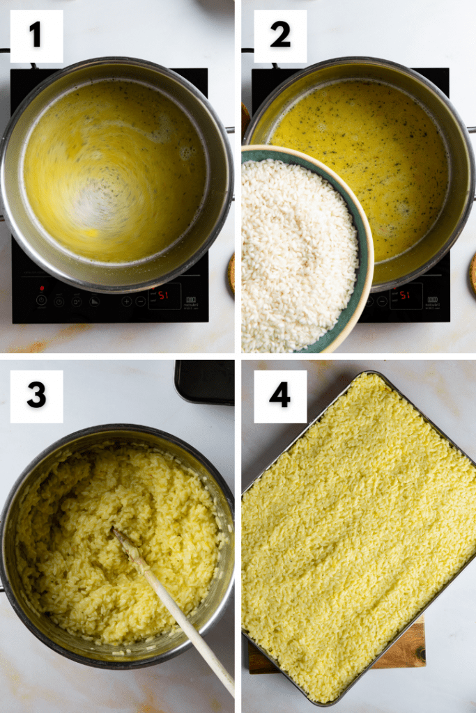 Schritt 1 bis Schritt 4 für die Risotto Reis zubereitung.