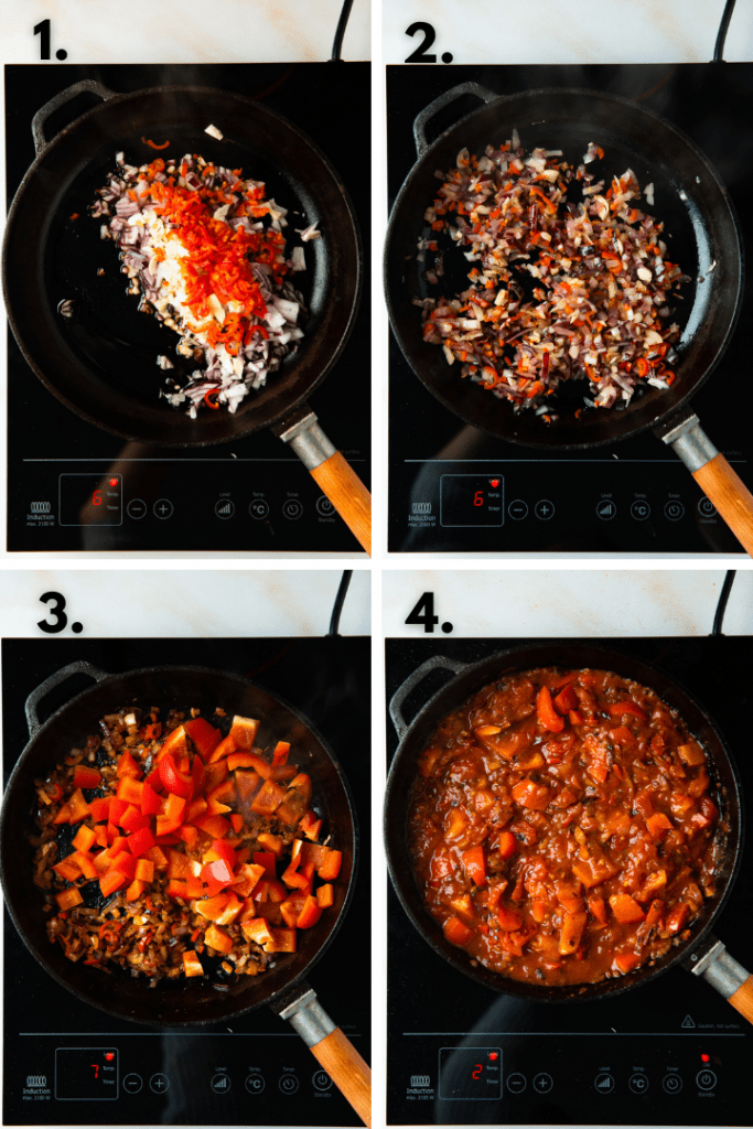 Alle Zutaten werden in einer Gusspfanne angebraten. Dann kommen Paprika und Tomaten dazu.