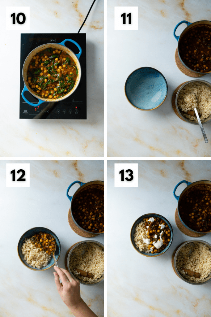 Das Kichererbsen Spinat Curry wird angerichtet und mit Reis serviert.