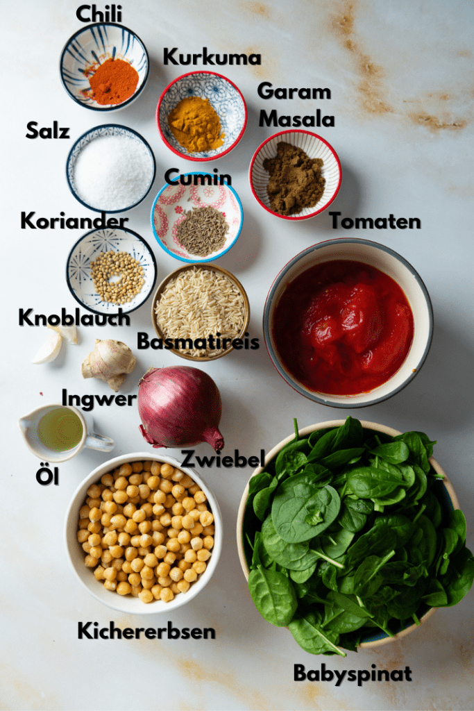 Alle Zutaten für das Kichererbsen Spinat Curry Rezept.