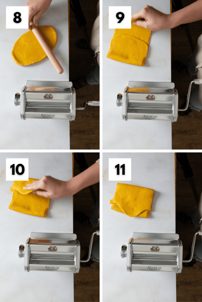 Der Pastateig kommt in eine Nudelmaschine und wird ausgerollt.