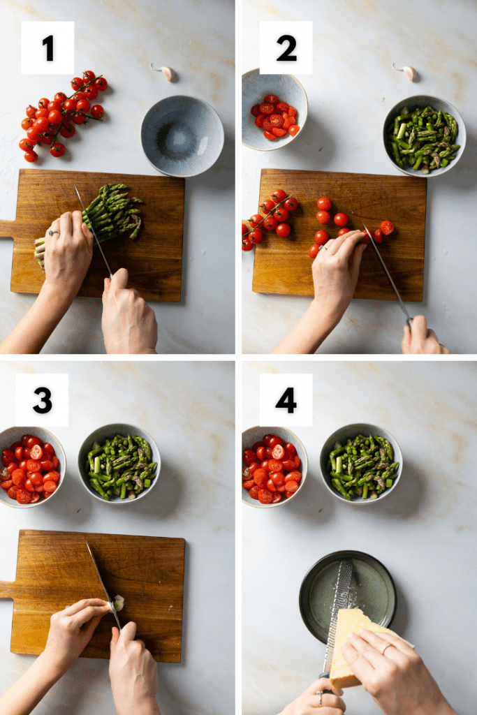 Grüner Spargel, Tomaten, Knoblauch und Parmesan werden geschnitten bzw. gerieben.