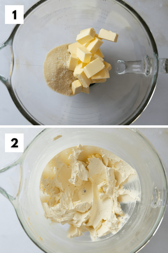 Butter und Zucker werden zu einer glatten Masse gemixt.