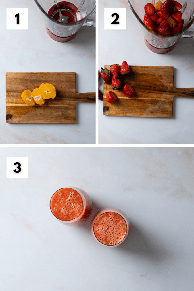 Der erdbeer orangen smoothie wird im Mixer gemixt.