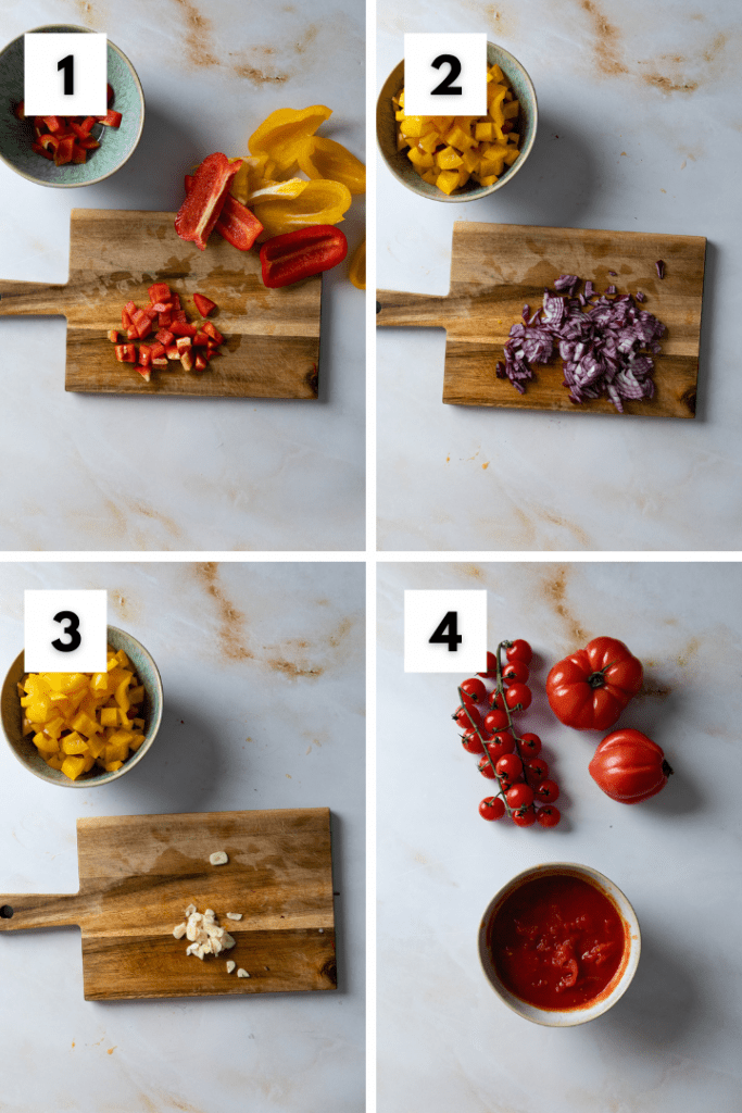 Die Paprika, Zwiebel, Knoblauch und Tomaten werden geschnitten.
