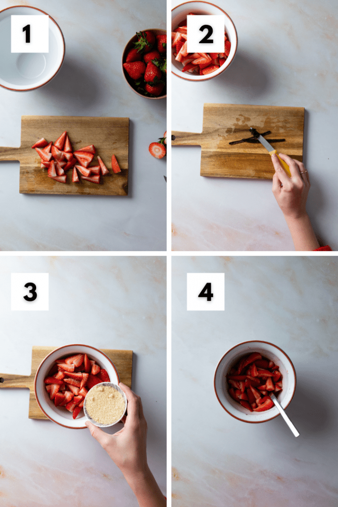 Erdbeeren werden geschnitten und mit Vanille und Zucker verfeinert.