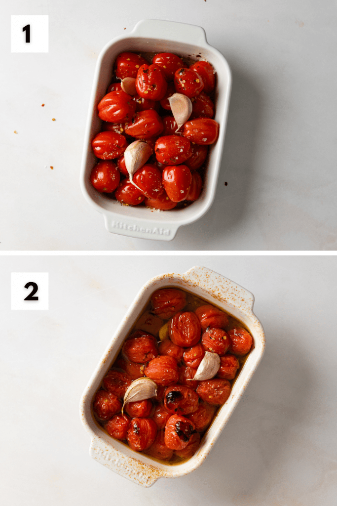 Die Tomaten kommen mit Knoblauch in den Ofen.
