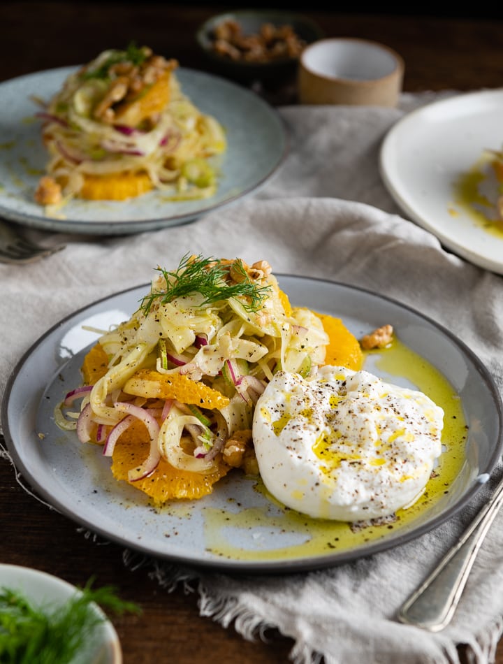 Fenchelsalat mit Orangenspalten, dünn geschnittenem Fenchel, roten Zwiebeln, Walnüssen und einem Stück Burrata, garniert mit Dill und Olivenöl als Idee.