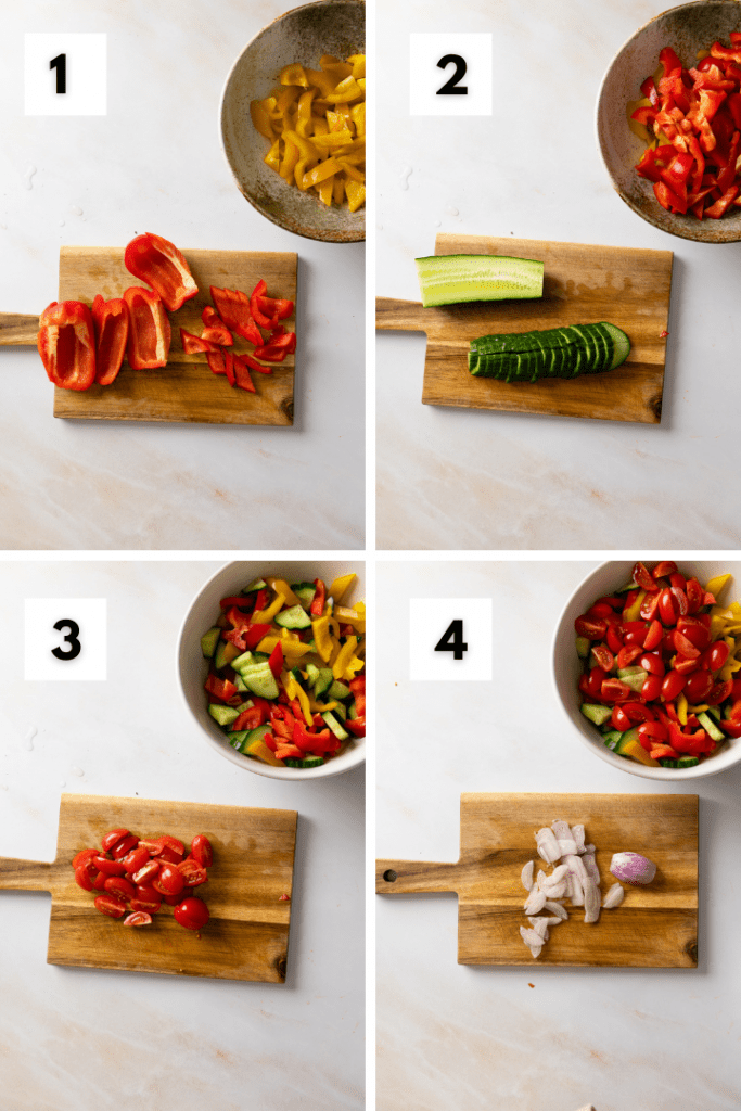 Die Paprika, Gurken, Zwiebeln und Tomaten werden klein geschnitten.