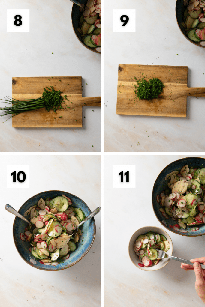 Die Kräuter werden klein geschnitten und mit dem Salat vermengt.