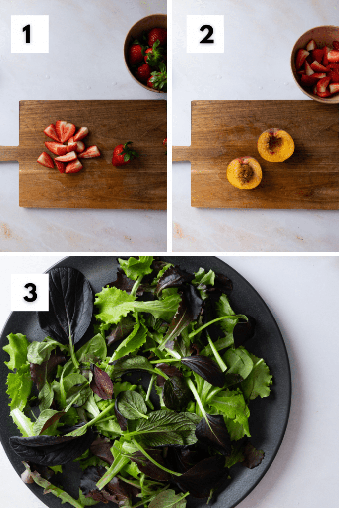 Erdbeeren und Nektarinen werden geschnitten und Salat auf einem Teller platziert.
