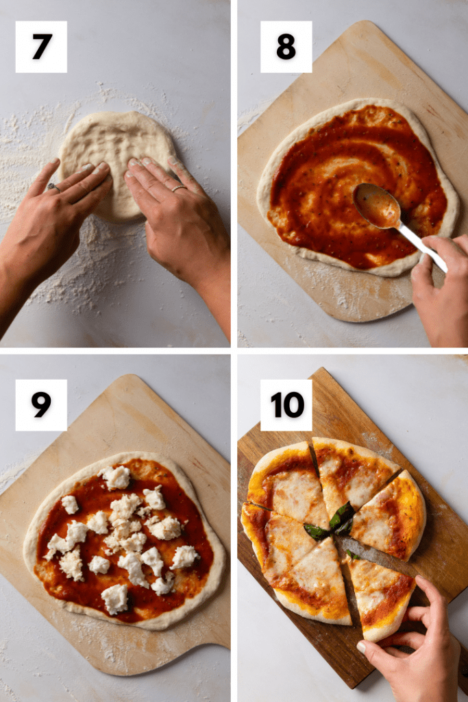 Der fertige Pizzateig wird mit Tomaten und Mozzarella bestückt und ab in den Backofen.