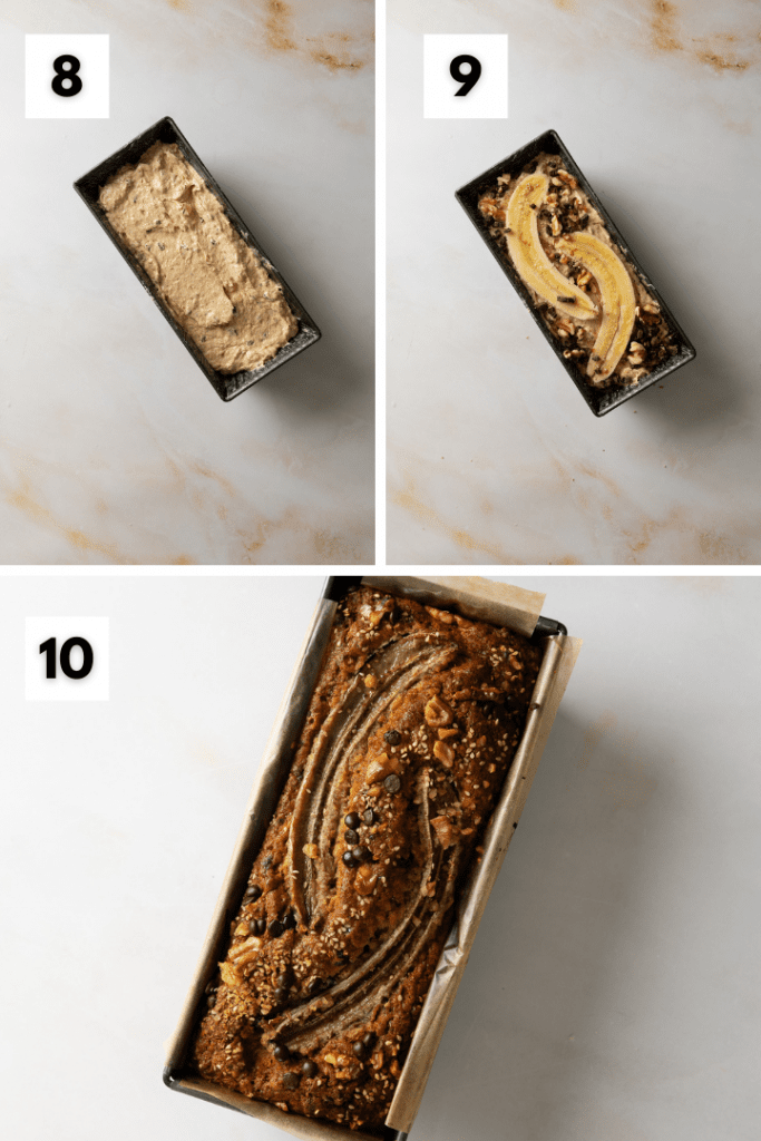 Der Teig kommt in einen Kasten, zwei halbe Bananen oben drauf und ab in den Backofen.