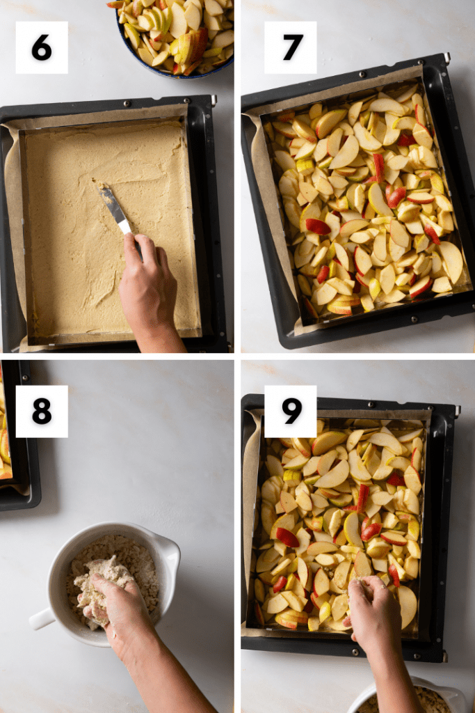 Der Blechkuchen wird mit Boden und Äpfel befüllt, bevor es in den Backofen geht.