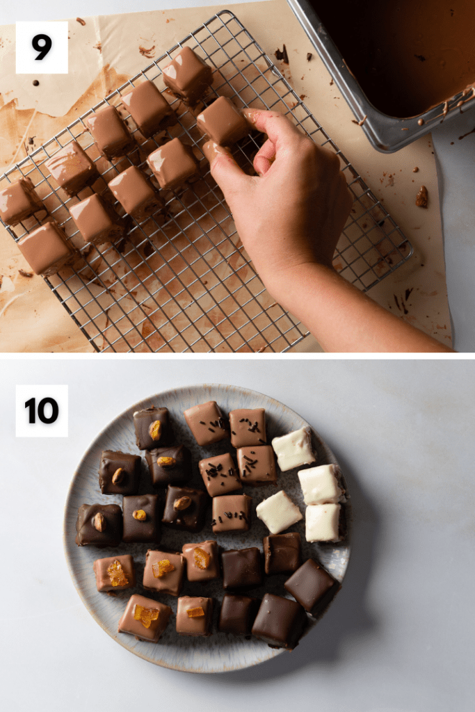 Die Dominosteine werden zusammengesetzt und in Schokolade getaucht.