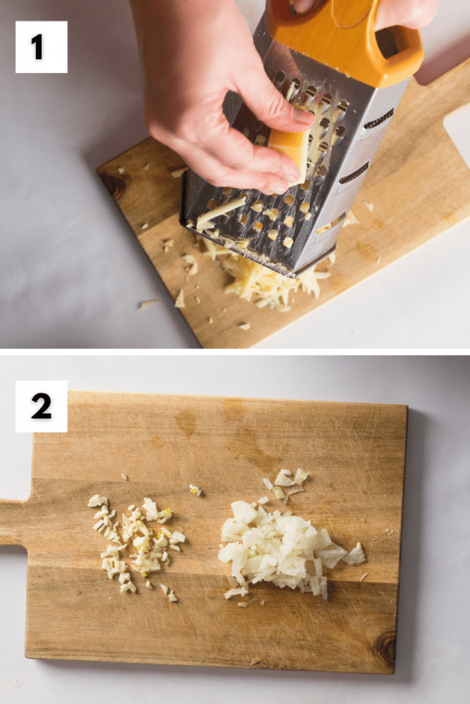Schweizer Käse wird gehobelt und Zwiebeln und Knoblauch werden klein geschnitten.
