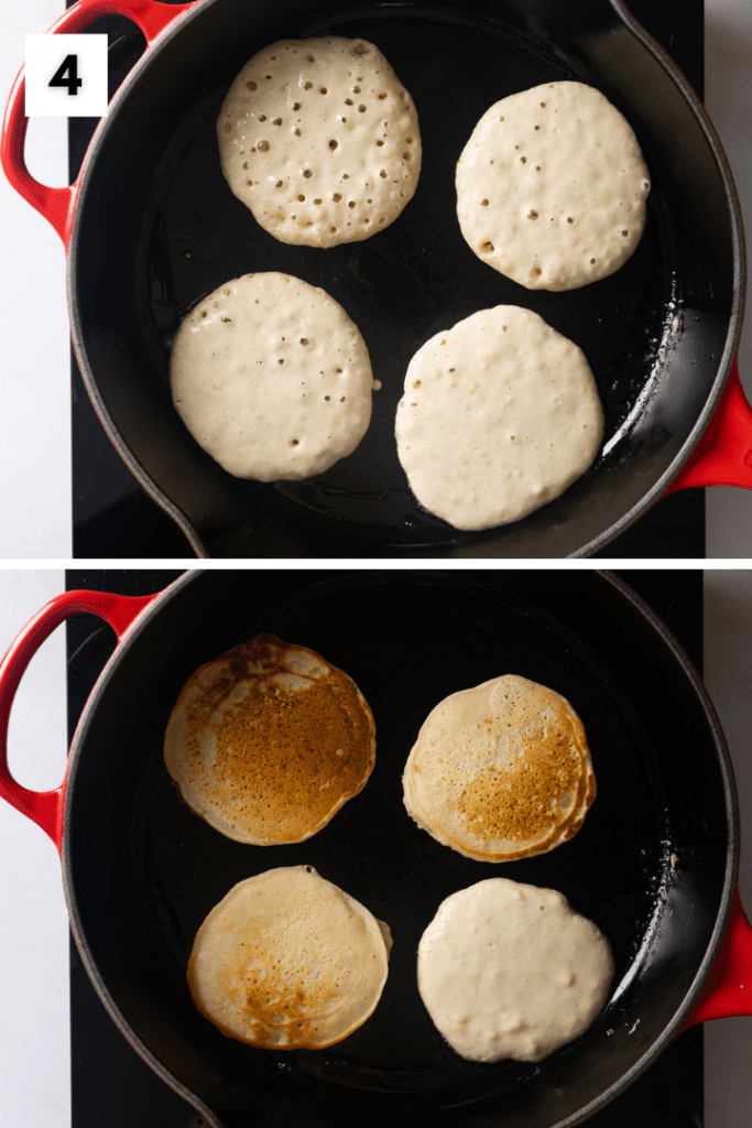 Die Pancakes werden in einer Pfanne ausgebraten.