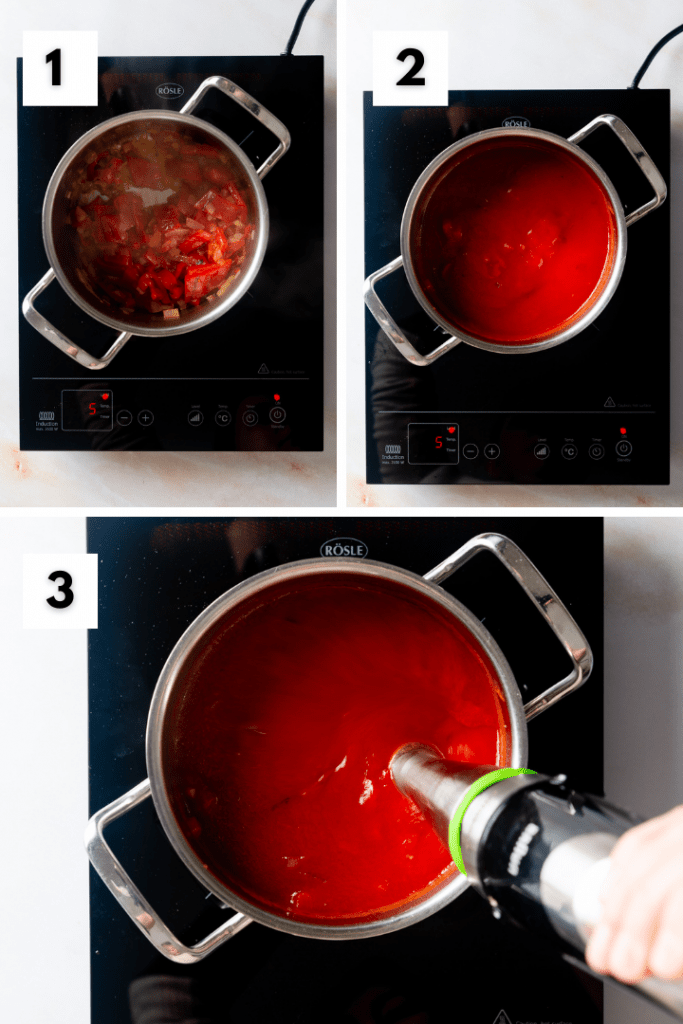 Für die Tomatensauce kommen alle Zutaten in einem Topf und werden klein gehexelt.