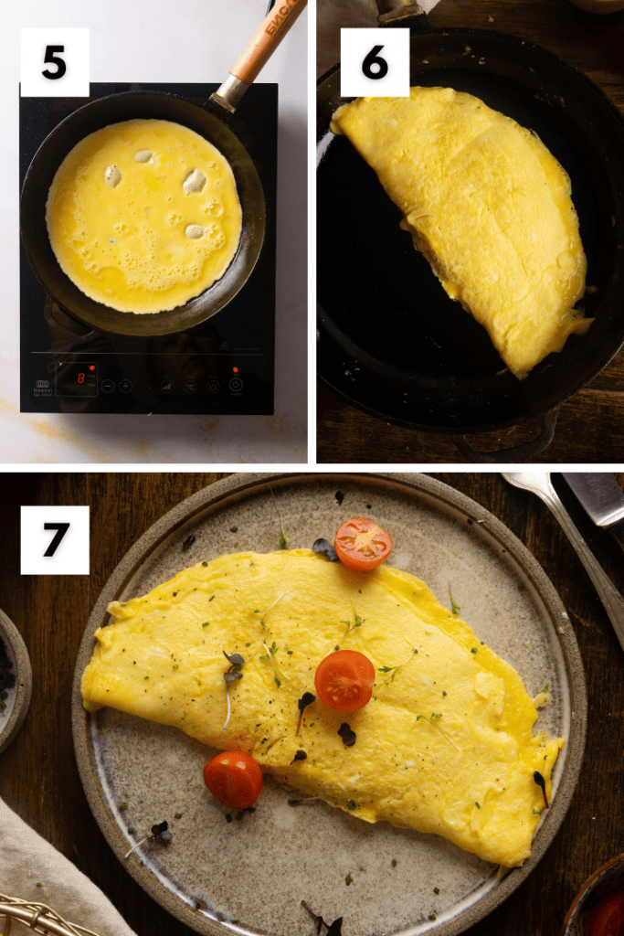 Die Eimasse wird nach ein paar Sekunden zu einem Omelette zusammengeklappt und wird dann garniert.