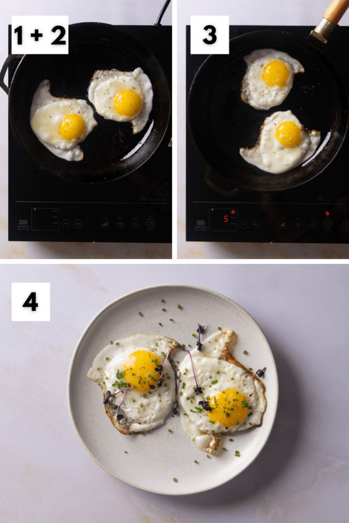 Zwei Eier werden in einer heißen Pfanne zu Spiegeleiern.