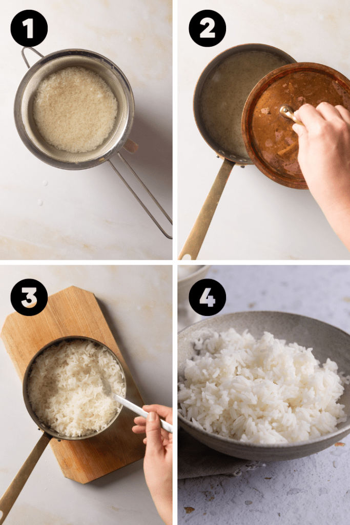 Reis wird in einem Topf gekocht auf die Quellreis Methode.
