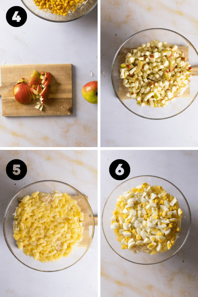 Die Äpfel erden klein geschnitten und kommen mit der Ananas und den Eiern als nächstes in den Schichtsalat.