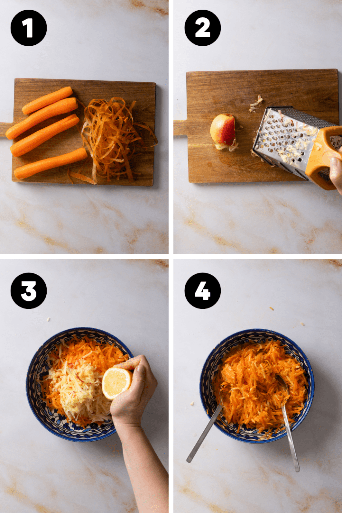 Die Karotten und der Apfel werden gerieben und mit Zitronensaft und den restlichen Zutaten vermengt.