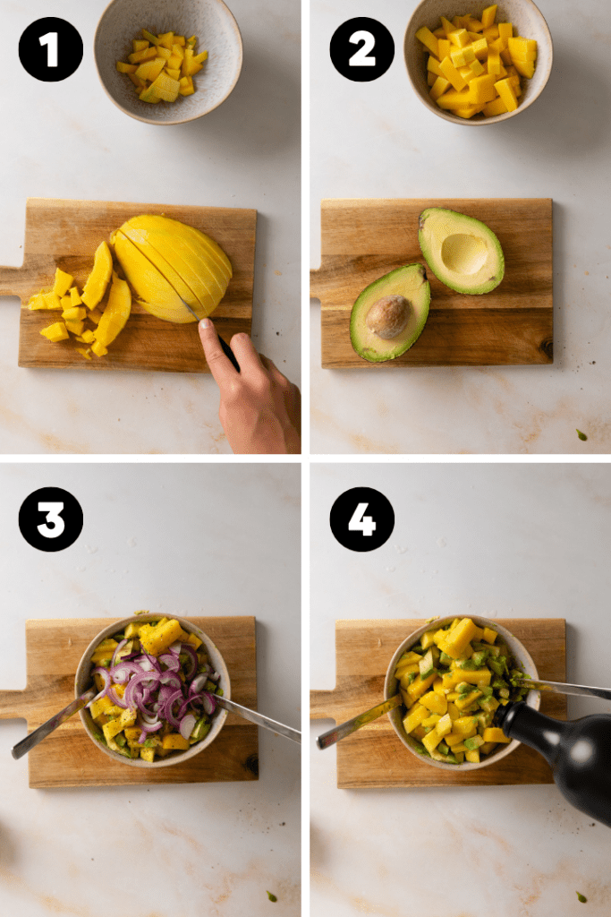 Die Mango und die Avocado werden geschnitten und mit den restlichen Zutaten zu einem Salat vermengt.