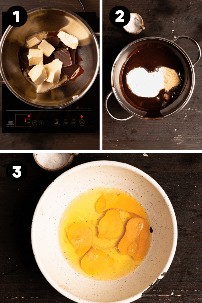 Die Butter wird mit Schokolade und Zucker in einem Topf erhitzt.