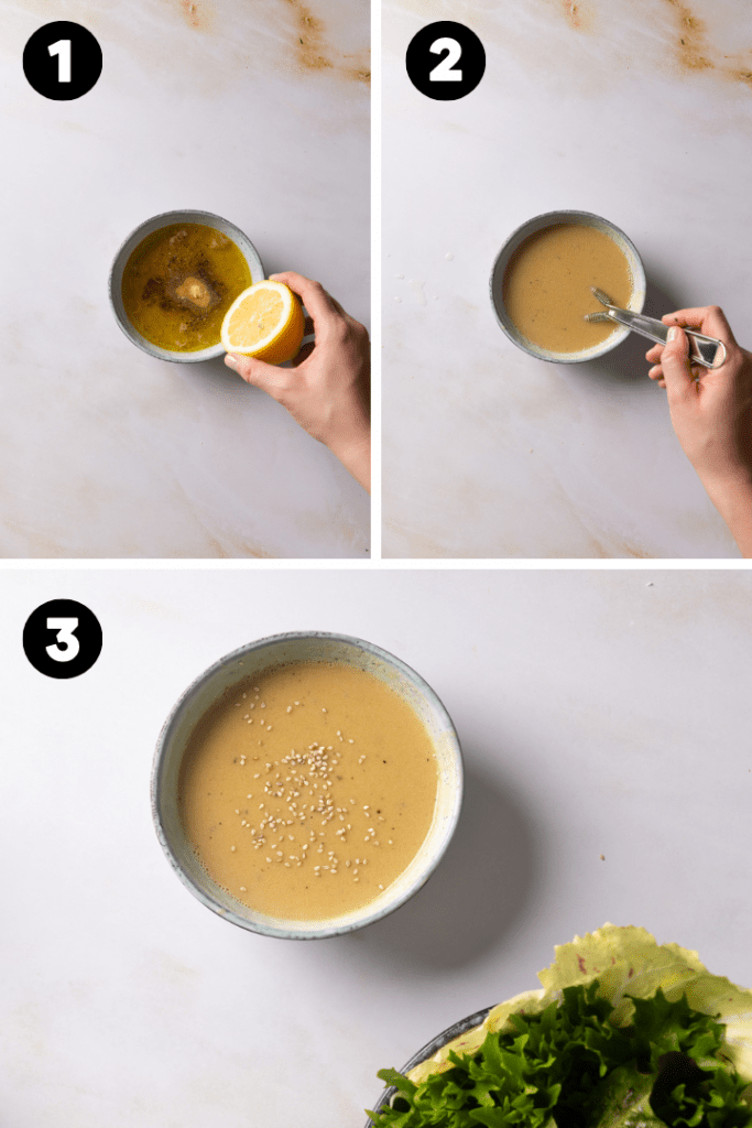 Die Zitrone wird gepresst und die Zutaten zu einem Dressing vermengt.