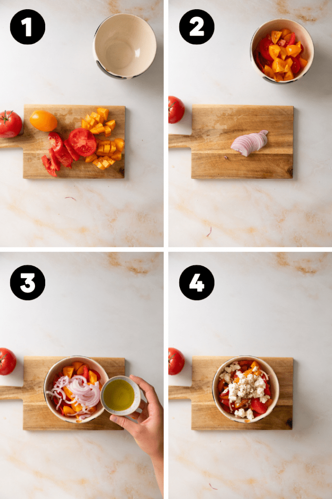 Die Tomaten und die Zwiebel wird klein geschnitten und mit den restlichen Zutaten zu einem Salat vermengt. 