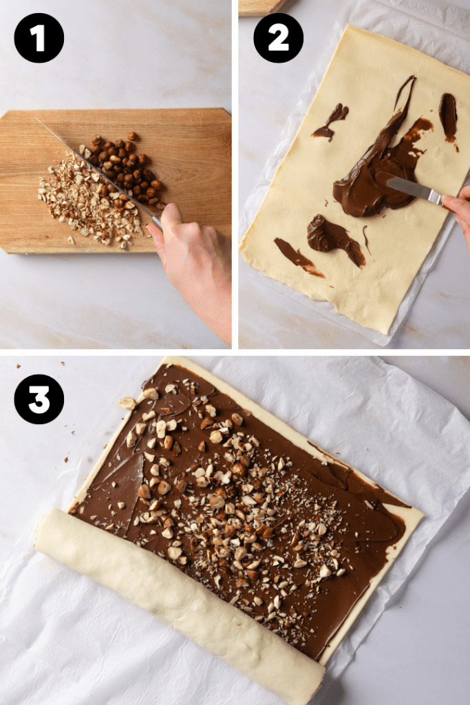 Die Haselnüsse werden klein gehackt und das Nutella wird auf dem Blätterteig verteilt.