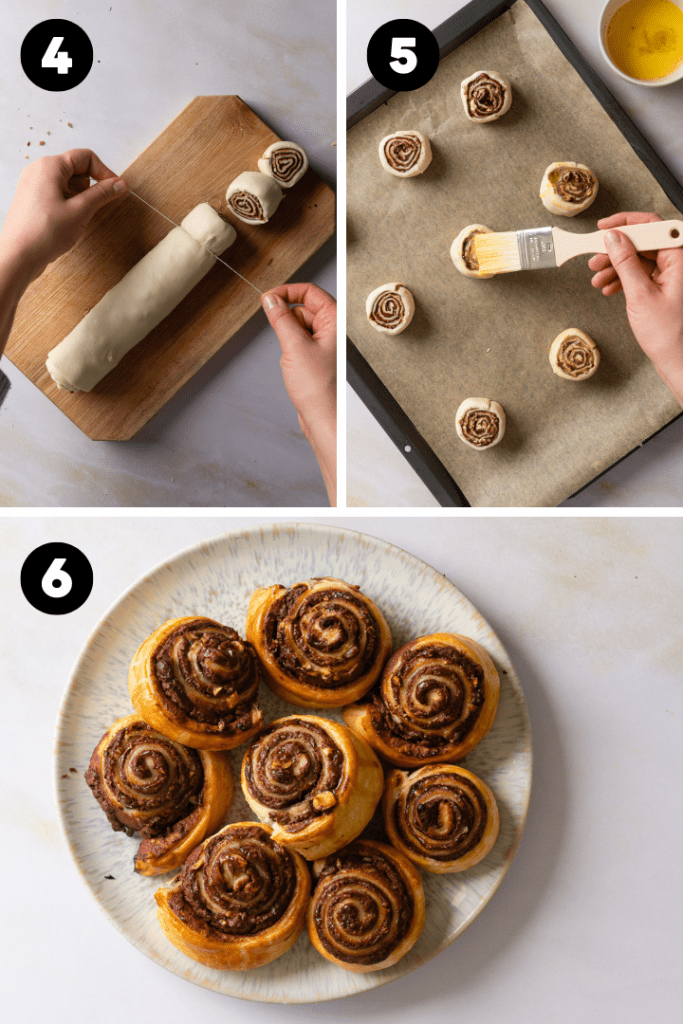 Die Schnecken werden geschnitten und auf dem Backblech verteilt.