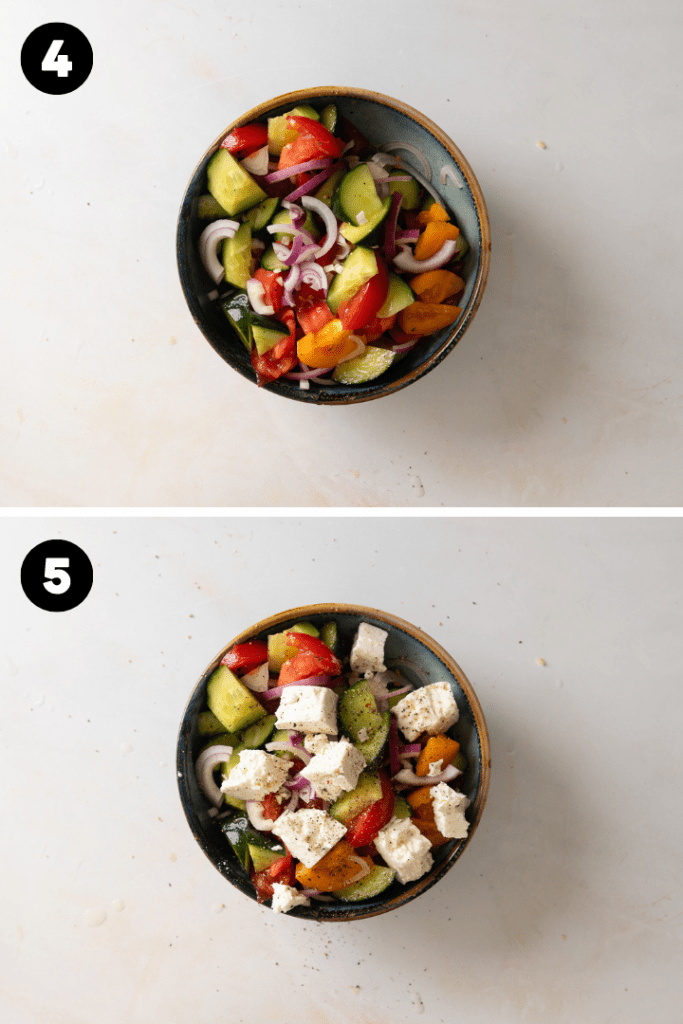 Alle Zutaten werden in einer Schüssel zu einem Salat vermengt. 