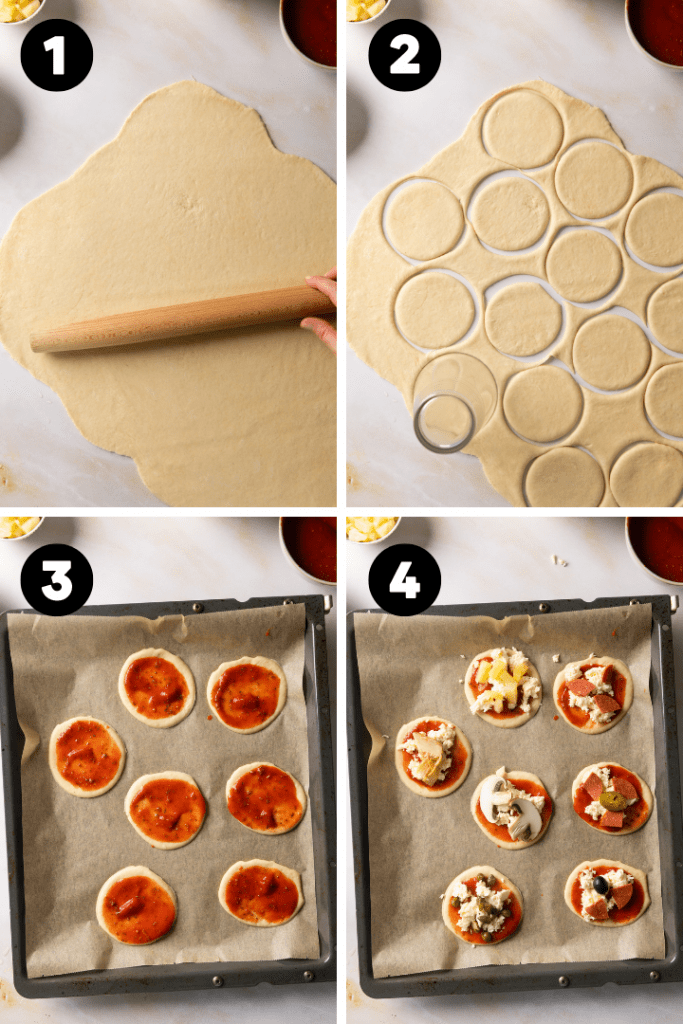 Der Teig wird auf 3 - 4 mm ausgerollt und in kleinen Kreisen werden Mini Pizzas ausgeschnitten. Danach werden sie belegt und kommen in den Ofen.