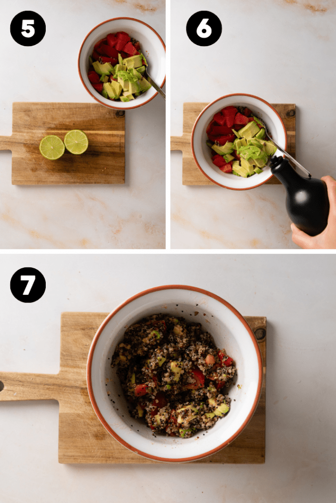 Zum Quinoa kommen alle Zutaten und die werden zu einem Salat vermengt.