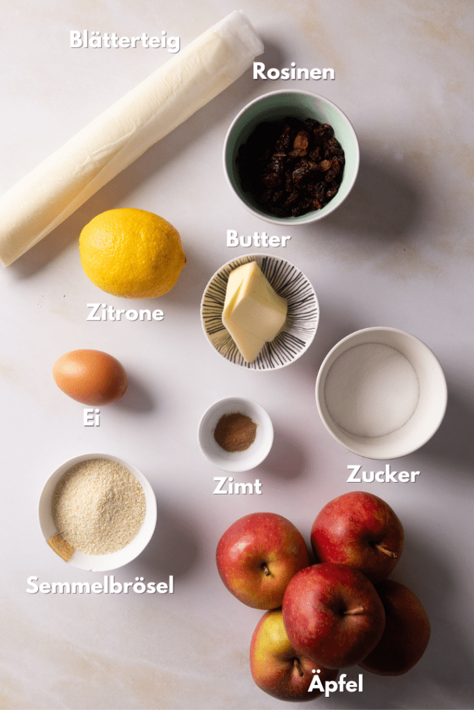 Alle Zutaten für das Apfelstrudel mit Blätterteig Rezept.
