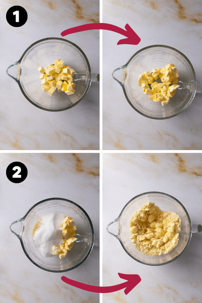 Die Butter wird zuerst klein geschlagen mit einer Küchenmaschine, dann kommt der Zucker hinzu.