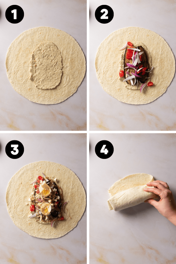 Der Wrap wird mit Hummus und den anderen Zutaten belegt und zu einem Wrap gerollt.