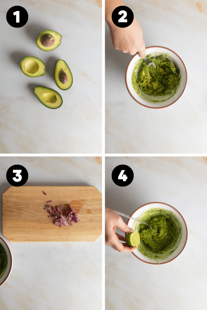Die Avocado wird geschält entkernt und mit den anderen Zutaten in einer Schüssel vermengt.