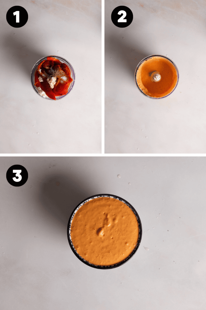 Die gegrillte Paprika wird mit den anderen Zutaten in einem Food Processor klein gehexelt.