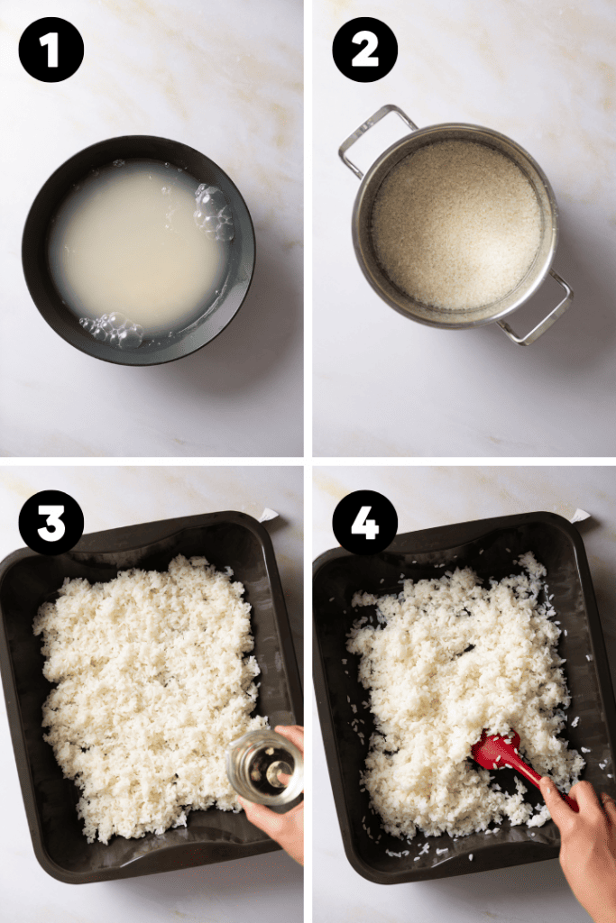 Der Reis wird gewaschen und gekocht.