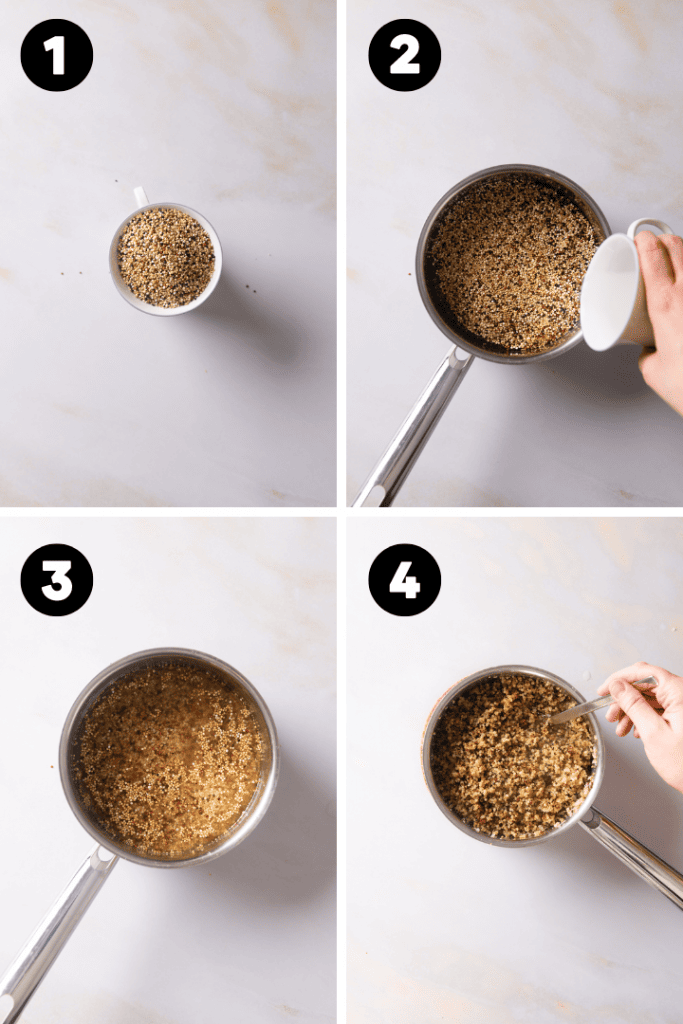 Der Quinoa kommt mit etwas Wasser in einem Topf.
