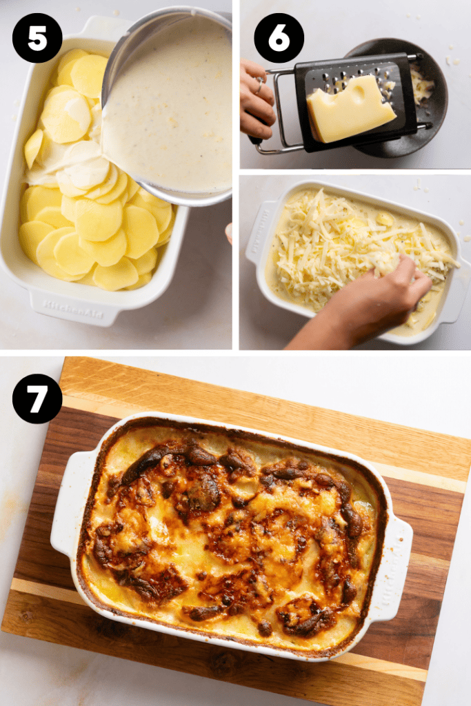 Auf die Kartoffeln kommt die Soße und Käse und ab in den Ofen.